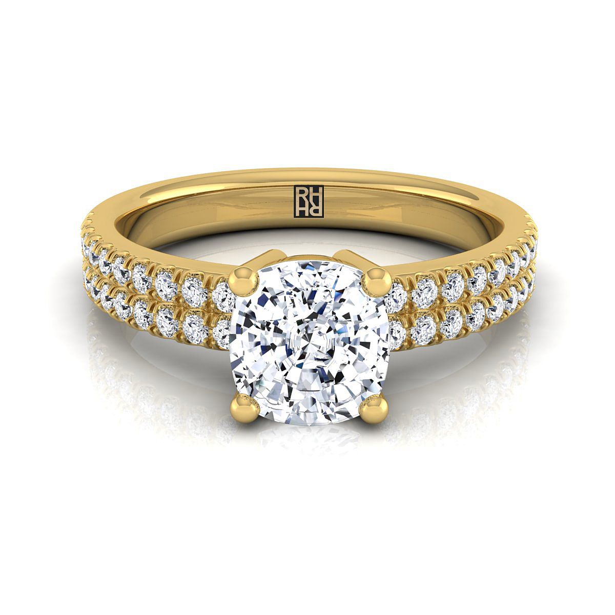 แหวนหมั้นเพชร 18K Yellow Gold Cushion Diamond Double Pave Row -1/4ctw