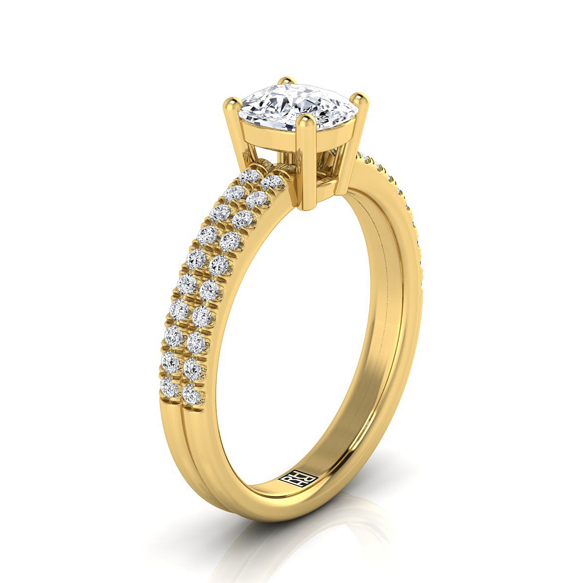 แหวนหมั้นเพชร 18K Yellow Gold Cushion Diamond Double Pave Row -1/4ctw