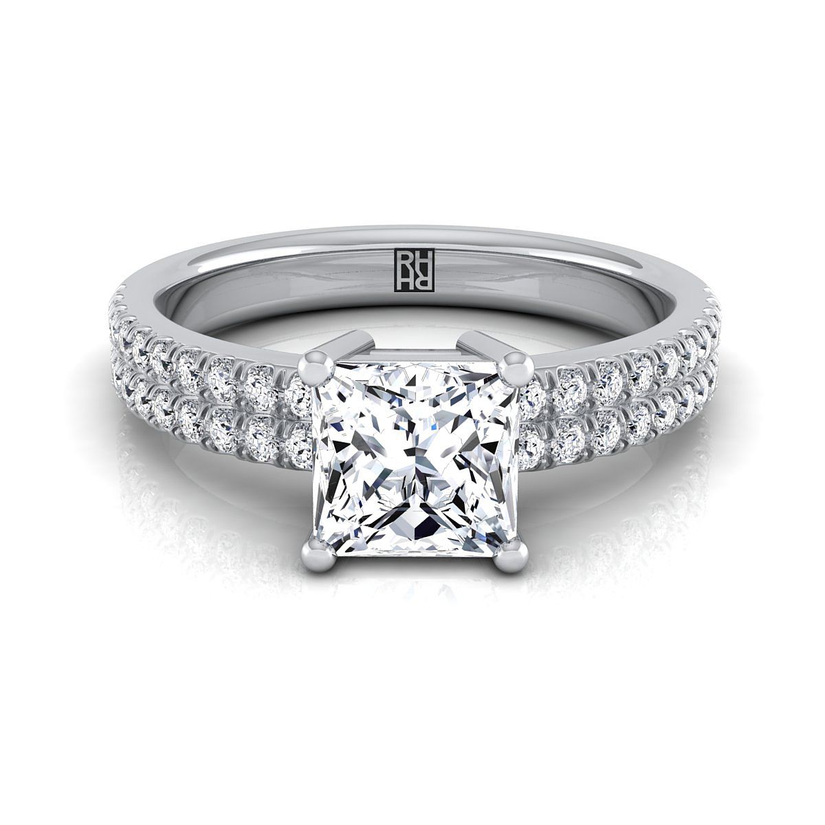 แหวนหมั้นเพชร 18K White Gold Princess Cut Diamond Double Pave Row -1/4ctw