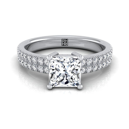 แหวนหมั้นเพชร 18K White Gold Princess Cut Diamond Double Pave Row -1/4ctw