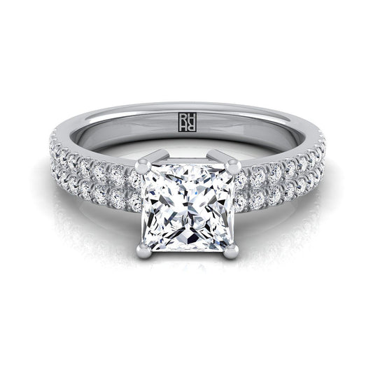 แหวนหมั้นเพชร 14K White Gold Princess Cut Diamond Double Pave Row -1/4ctw