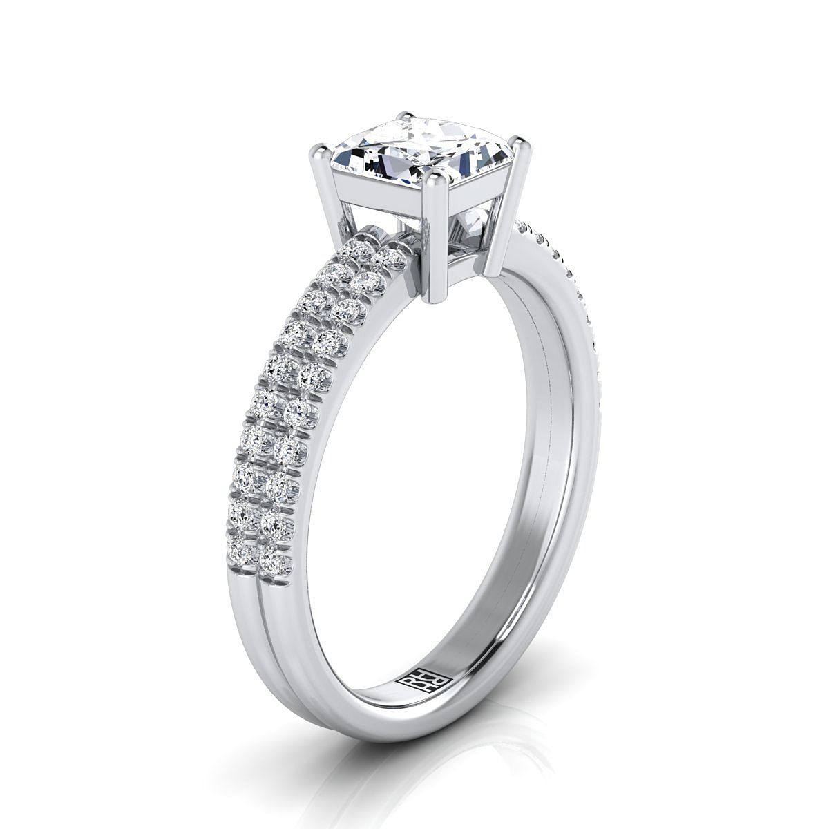 แหวนหมั้นเพชร 18K White Gold Princess Cut Diamond Double Pave Row -1/4ctw