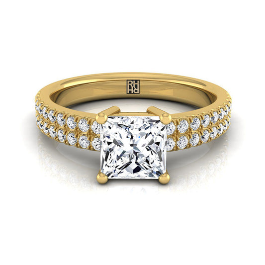 18K Yellow Gold Princess Cut Diamond Double Pave Row Engagement Ring -1/4ctw