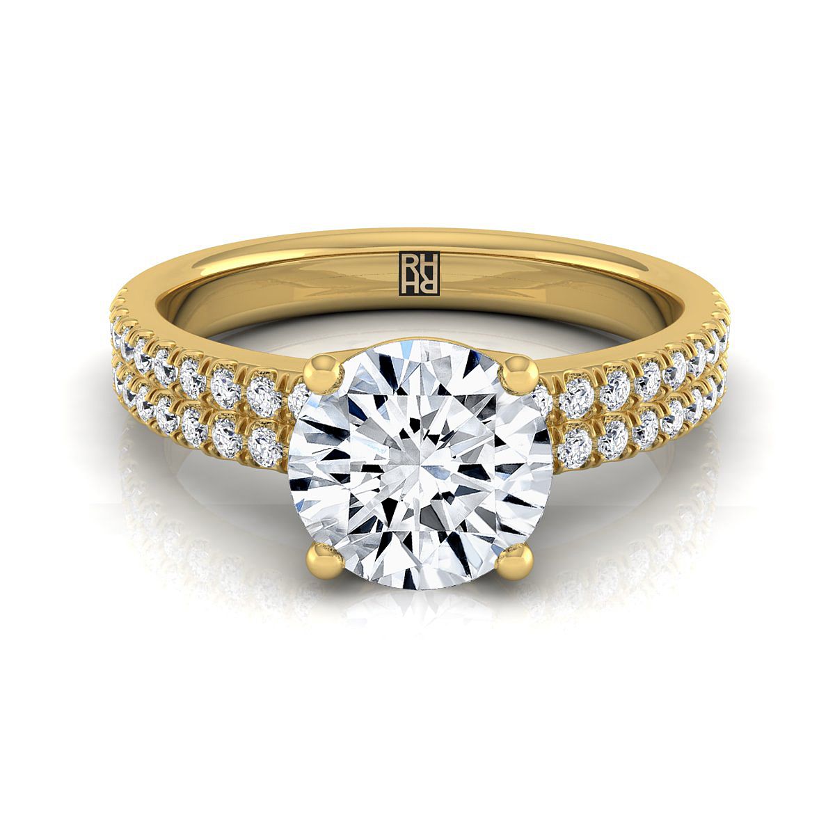 14K Yellow Gold Round Brilliant Diamond Double Pave Row Engagement Ring -1/4ctw