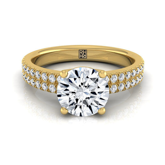 14K Yellow Gold Round Brilliant Diamond Double Pave Row Engagement Ring -1/4ctw