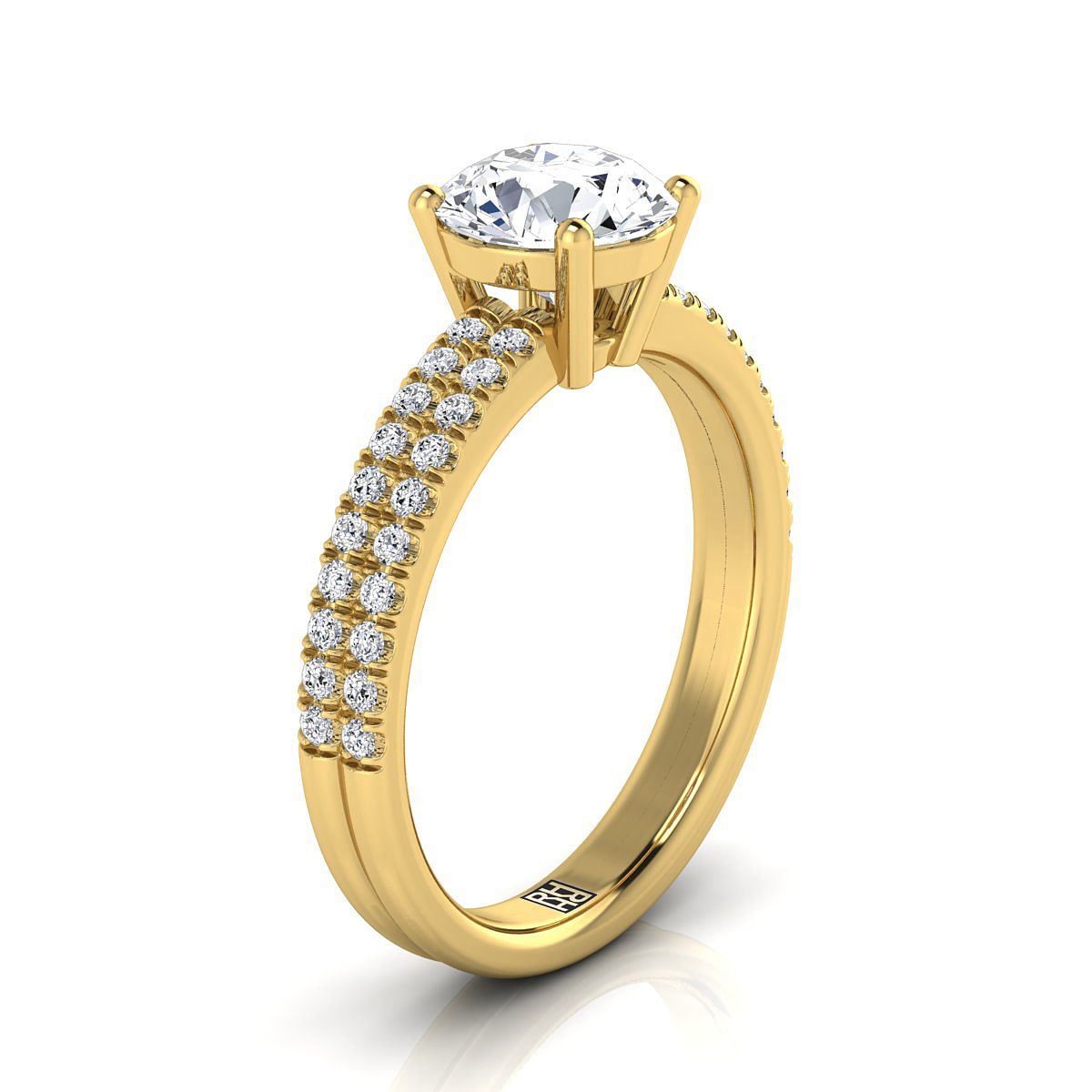 14K Yellow Gold Round Brilliant Diamond Double Pave Row Engagement Ring -1/4ctw