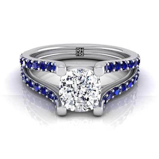 แหวนหมั้นเพชร 14K White Gold Cushion Prong Set Sapphire Split Shank Engagement Ring