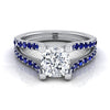 แหวนหมั้นเพชร 18K White Gold Cushion Prong Set Sapphire Split Shank Engagement Ring