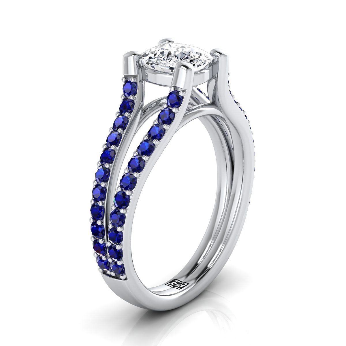 แหวนหมั้นเพชร 18K White Gold Cushion Prong Set Sapphire Split Shank Engagement Ring