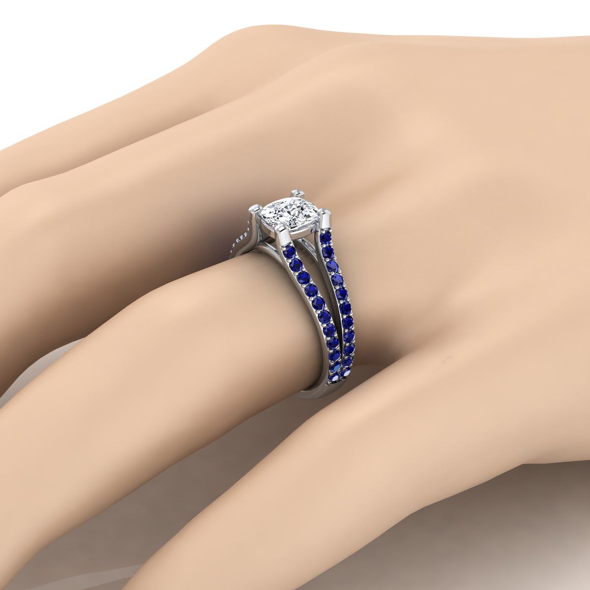 แหวนหมั้นเพชร 18K White Gold Cushion Prong Set Sapphire Split Shank Engagement Ring