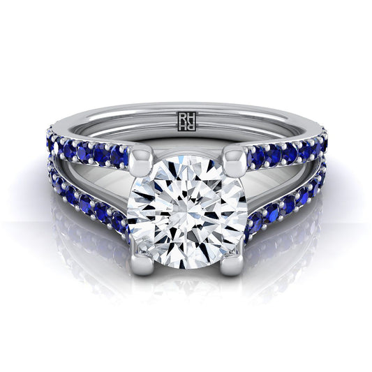 18K White Gold Round Brilliant Prong Set Sapphire Split Shank Engagement Ring