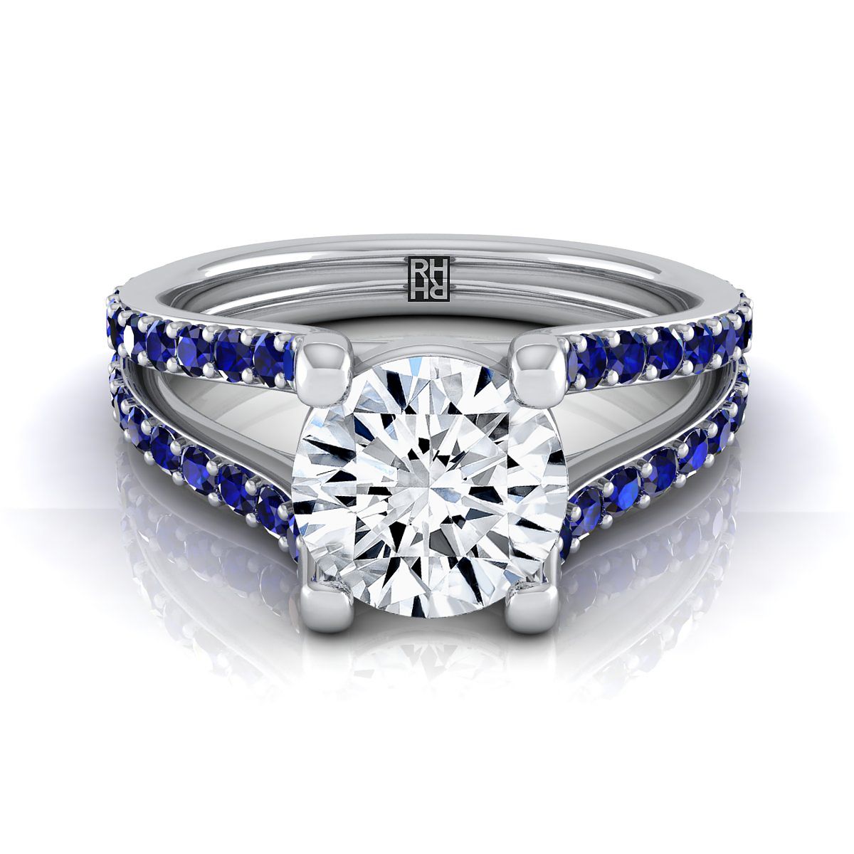 Platinum Round Brilliant Prong Set Sapphire Split Shank Engagement Ring