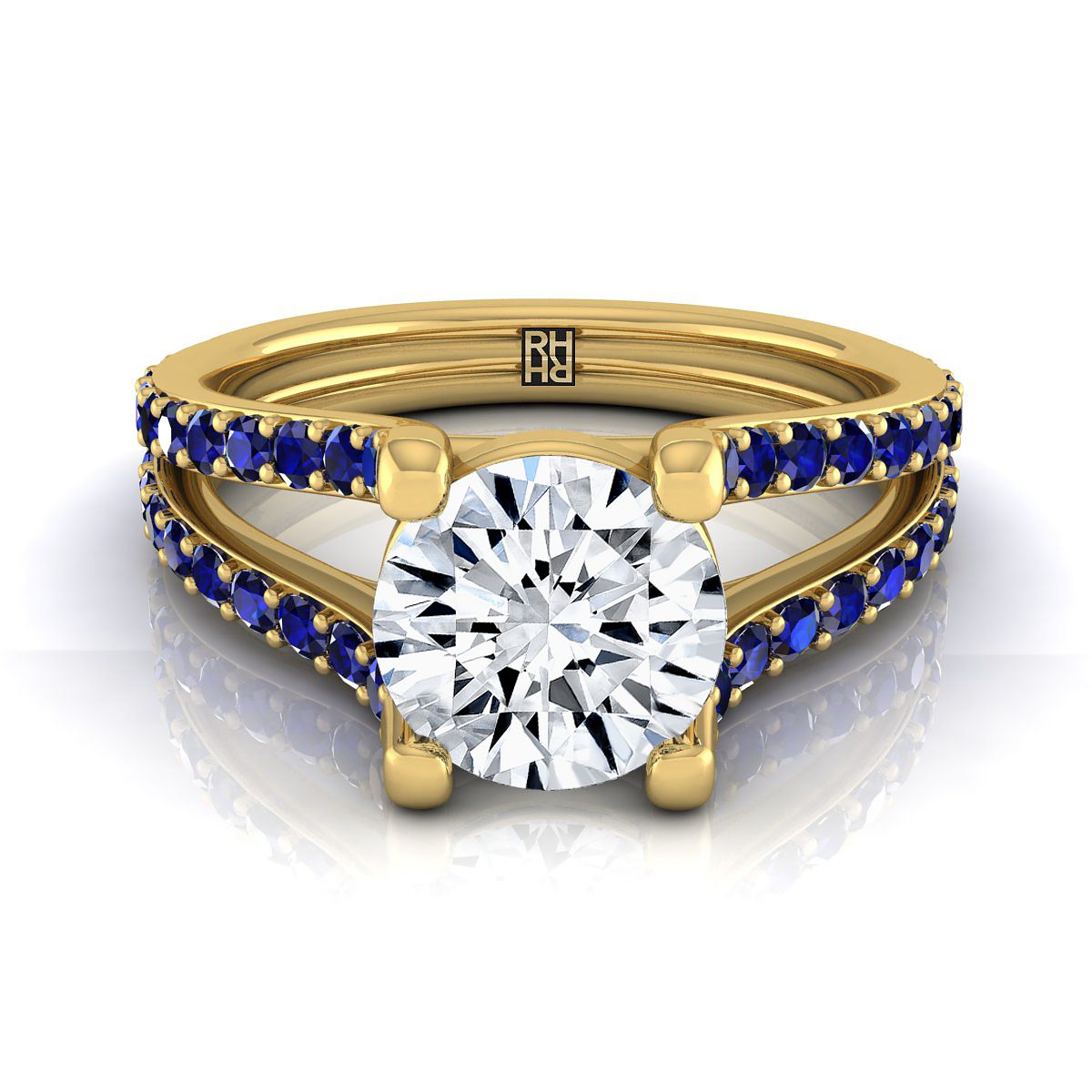 18K Yellow Gold Round Brilliant Prong Set แหวนหมั้นก้านแยกไพลิน