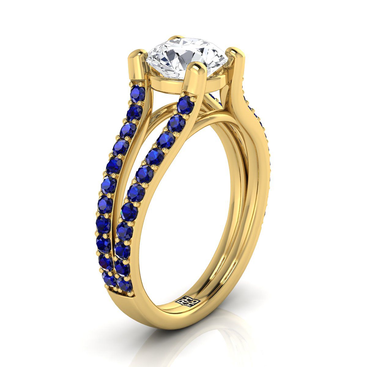 18K Yellow Gold Round Brilliant Prong Set แหวนหมั้นก้านแยกไพลิน