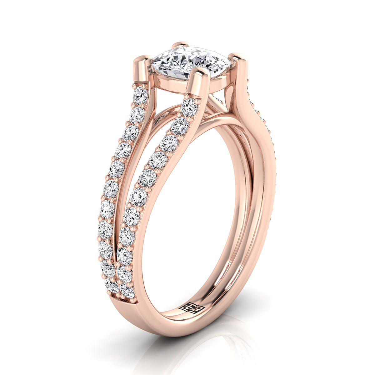 14K Rose Gold Cushion Prong Set แหวนหมั้นก้านแยกแซฟไฟร์