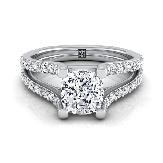แหวนหมั้นเพชร 18K White Gold Cushion Prong Set Sapphire Split Shank Engagement Ring