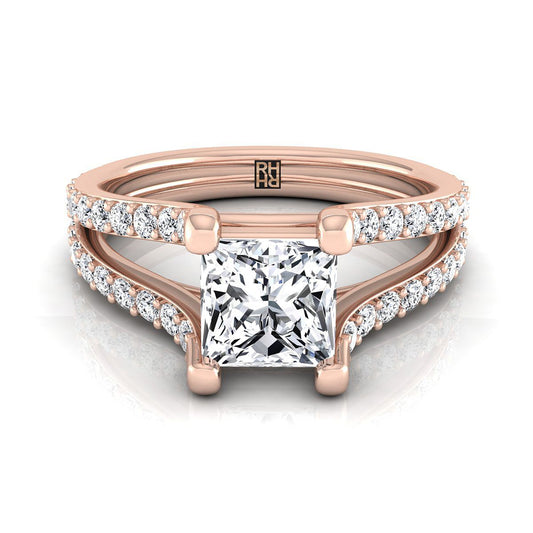 14K Rose Gold Princess Cut Prong Set แหวนหมั้นก้านแยกแซฟไฟร์