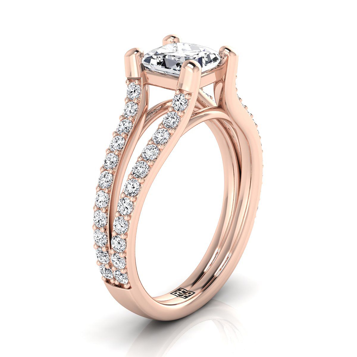 14K Rose Gold Princess Cut Prong Set แหวนหมั้นก้านแยกแซฟไฟร์