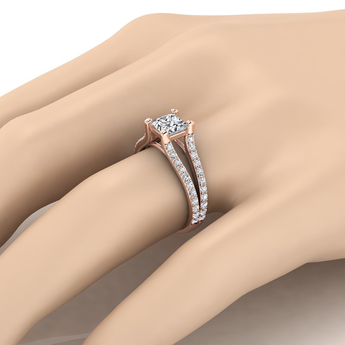 14K Rose Gold Princess Cut Prong Set แหวนหมั้นก้านแยกแซฟไฟร์