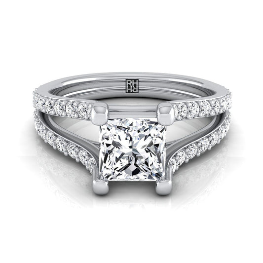 แหวนหมั้นเพชร 14K White Gold Princess Cut Prong Set Sapphire Split Shank Engagement Ring