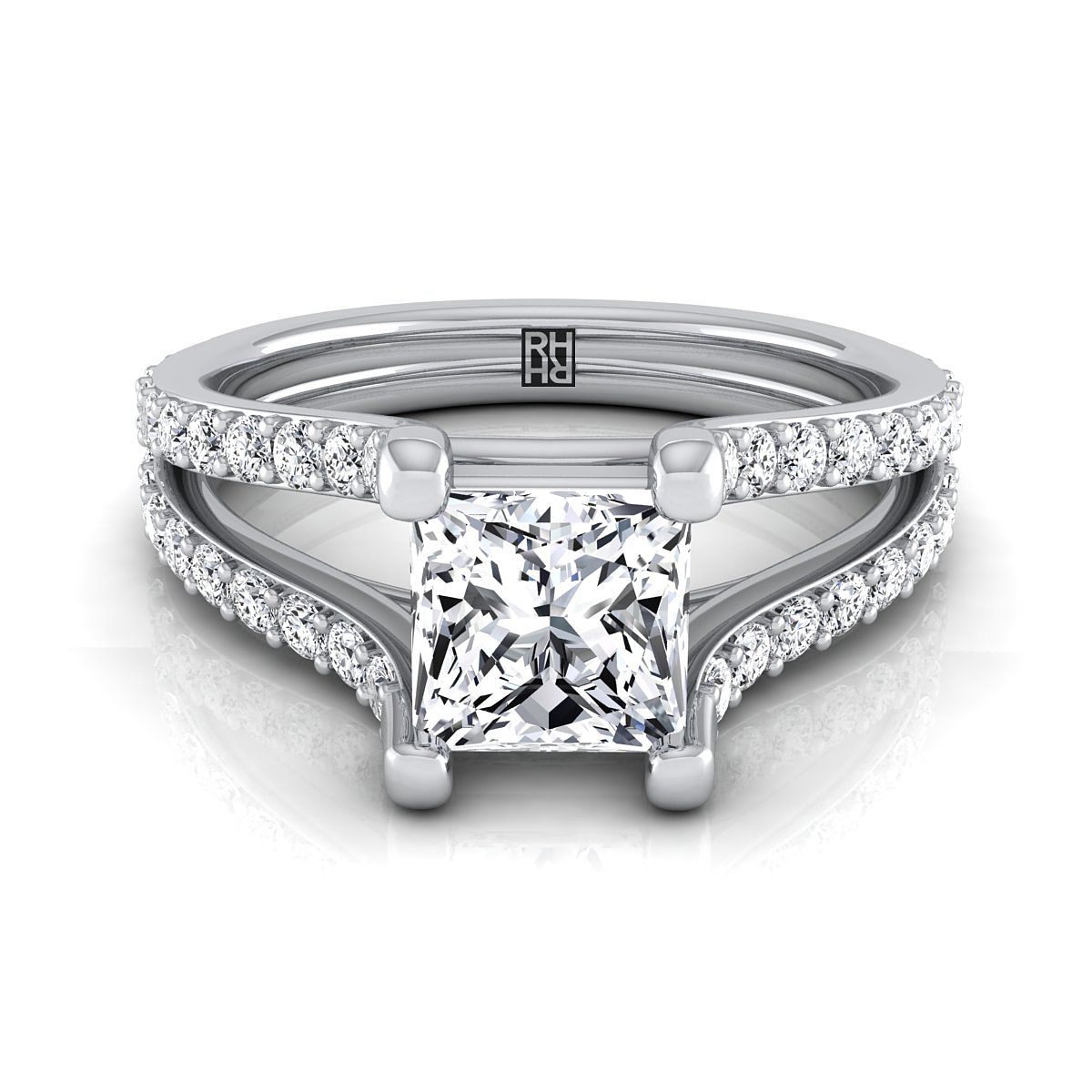 18K White Gold Princess Cut Prong Set Sapphire Split Shank Engagement Ring