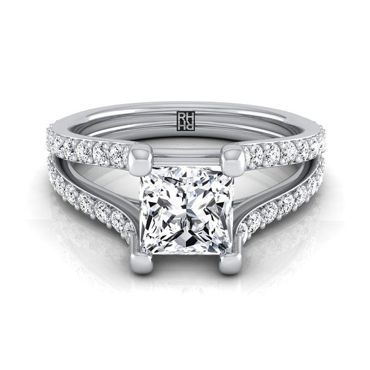แหวนหมั้นเพชร 18K White Gold Princess Cut Prong Set Sapphire Split Shank Engagement Ring