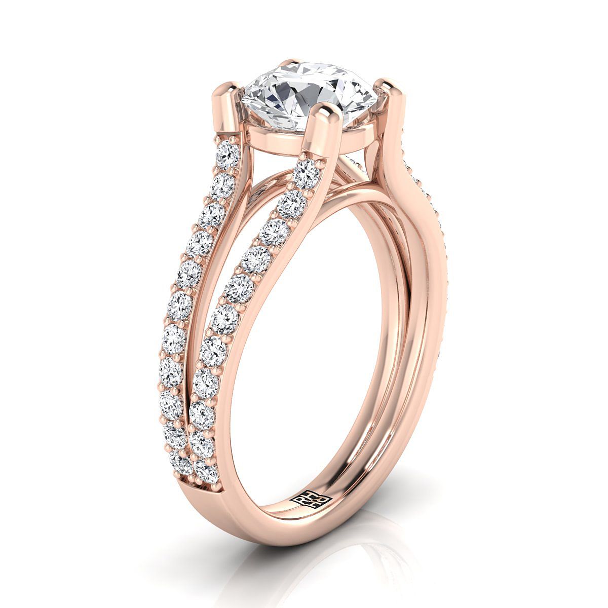 14K Rose Gold Round Brilliant Prong Set แหวนหมั้นก้านแยกไพลิน