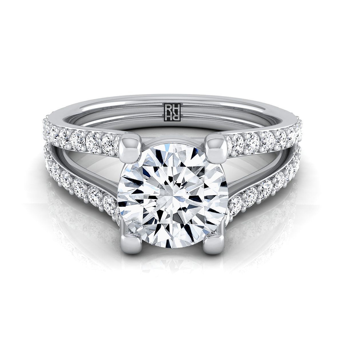 18K White Gold Round Brilliant Prong Set Sapphire Split Shank Engagement Ring