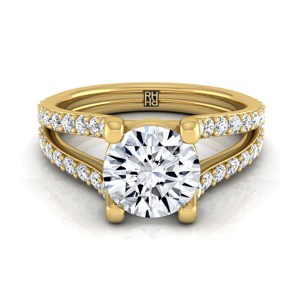 18K Yellow Gold Round Brilliant Prong Set แหวนหมั้นก้านแยกไพลิน