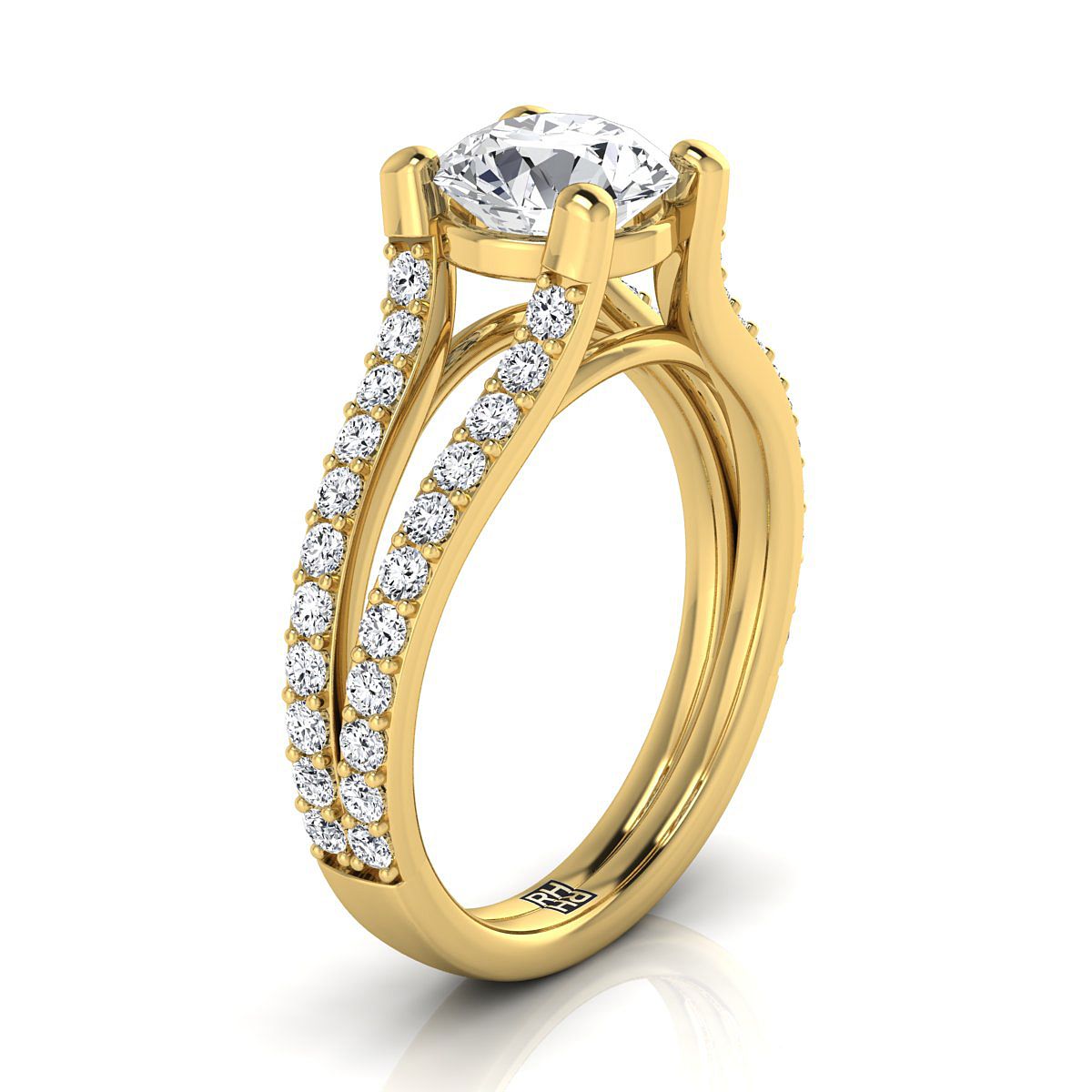 18K Yellow Gold Round Brilliant Prong Set แหวนหมั้นก้านแยกไพลิน