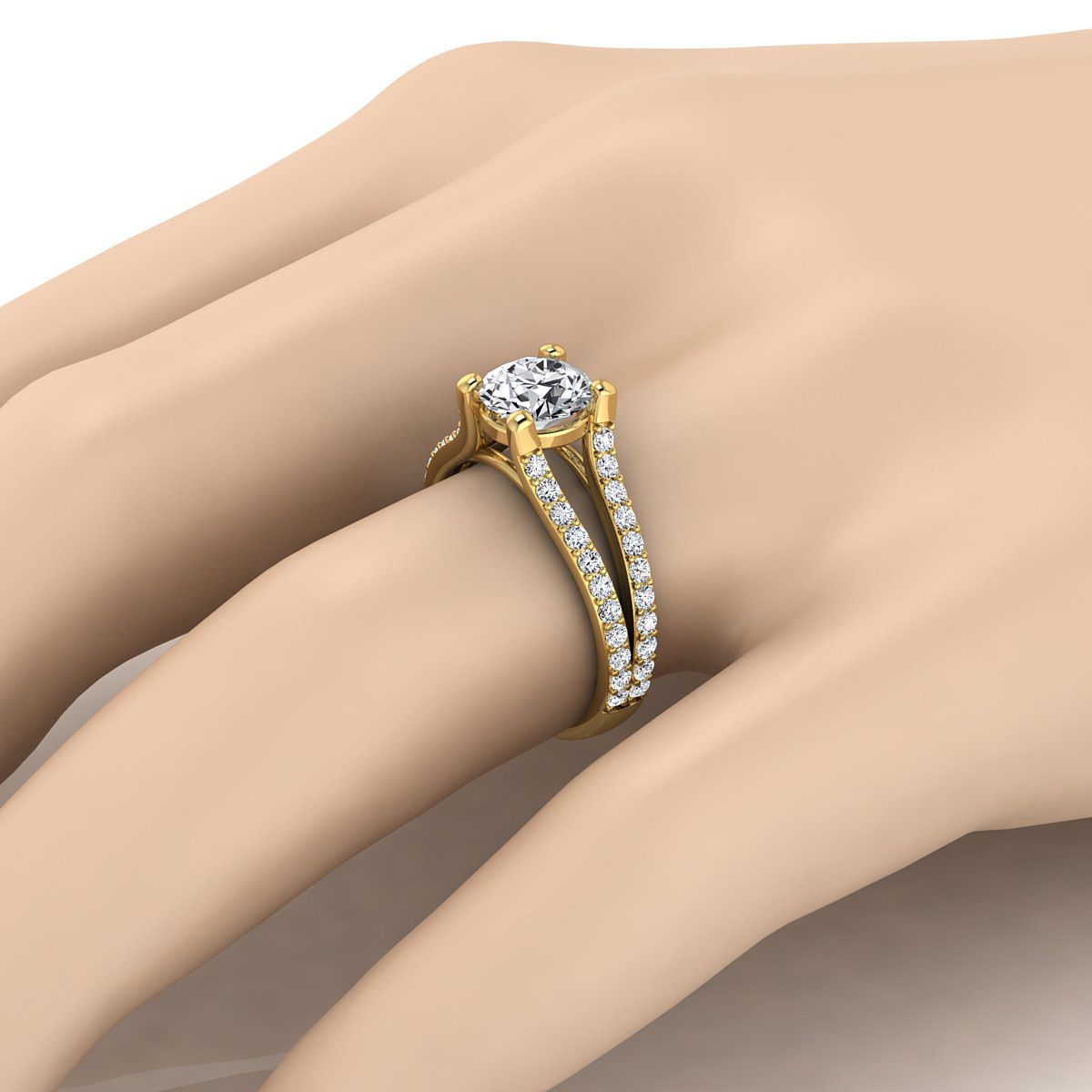 18K Yellow Gold Round Brilliant Prong Set แหวนหมั้นก้านแยกไพลิน