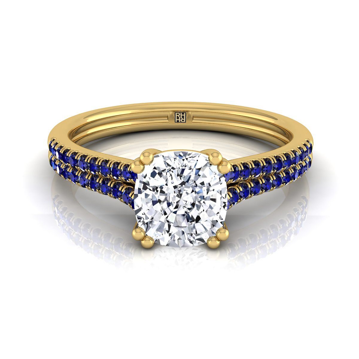 14K Yellow Gold Cushion  Double Row Double Prong French Pave Diamond Engagement Ring