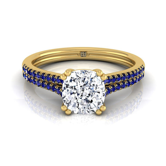 แหวนหมั้นเพชรแท้ 14K Yellow Gold Cushion Double Row Double Prong French Pave Diamond