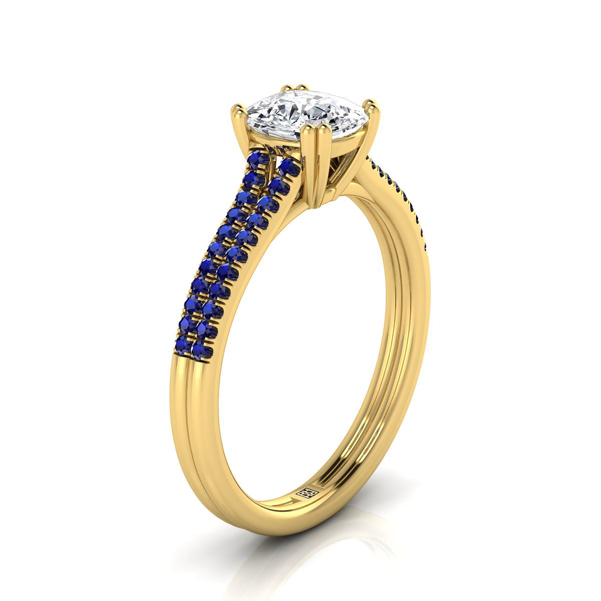 แหวนหมั้นเพชรแท้ 18K Yellow Gold Cushion Double Row Double Prong French Pave Diamond