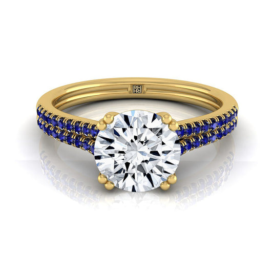 18K Yellow Gold Round Brilliant Double Row Double Prong French Pave Diamond Engagement Ring