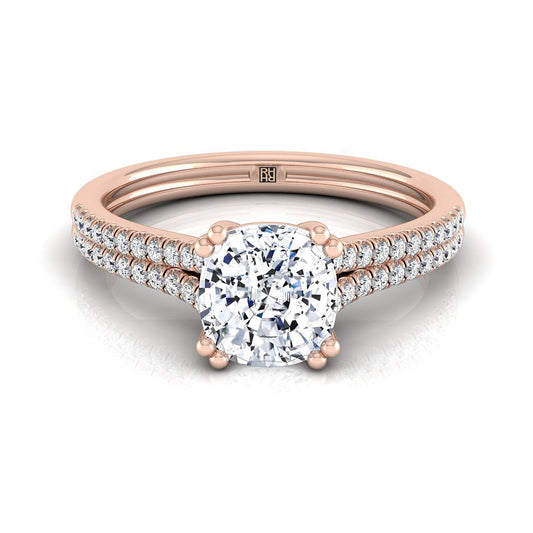 แหวนหมั้นเพชร 14K Rose Gold Cushion Diamond Double Prong Double Prong French Pave -1/6ctw