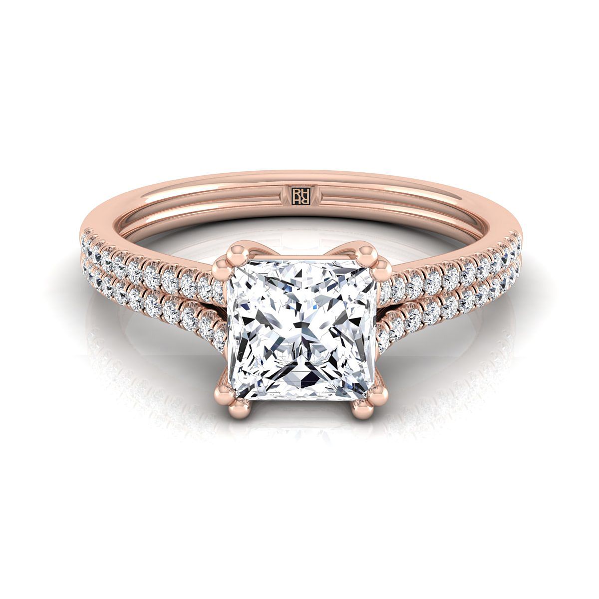 แหวนหมั้นเพชรทรง Princess Cut 14K Rose Gold สองแถวสองง่าม French Pave -1/6ctw