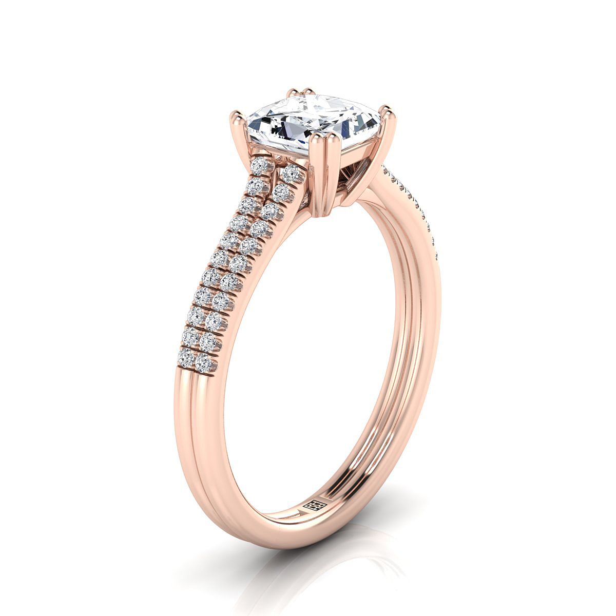 แหวนหมั้นเพชรทรง Princess Cut 14K Rose Gold สองแถวสองง่าม French Pave -1/6ctw