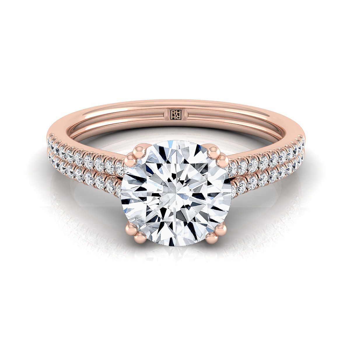 14K Rose Gold Round Brilliant Diamond สองแถว Double Prong French Pave แหวนหมั้น -1/6ctw