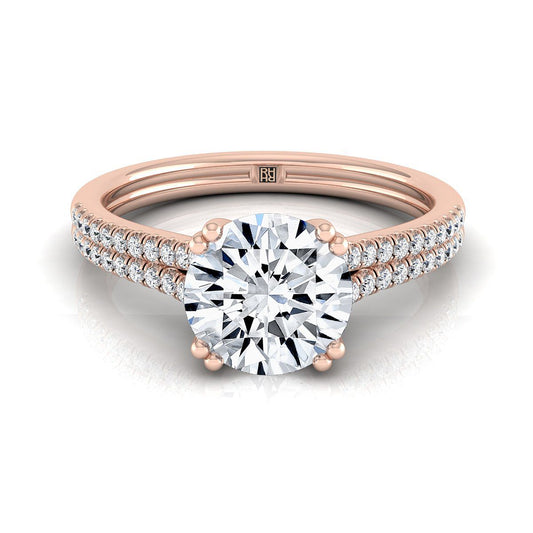 14K Rose Gold Round Brilliant Diamond สองแถว Double Prong French Pave แหวนหมั้น -1/6ctw