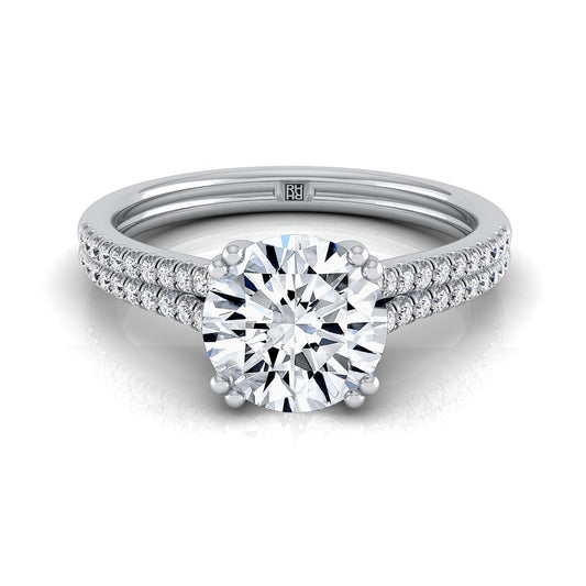 18K สีขาวทอง Round Brilliant Diamond สองแถว Double Prong French Pave แหวนหมั้น -1/6ctw
