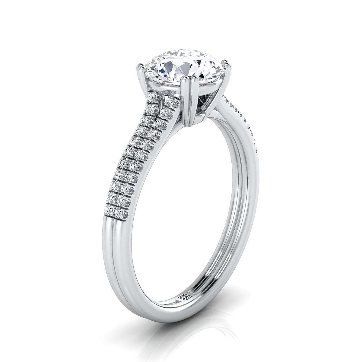 14K สีขาวทอง Round Brilliant Diamond สองแถว Double Prong French Pave แหวนหมั้น -1/6ctw