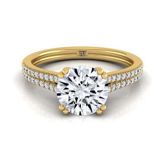 14K สีเหลืองทอง Round Brilliant Diamond สองแถว Double Prong French Pave แหวนหมั้น -1/6ctw