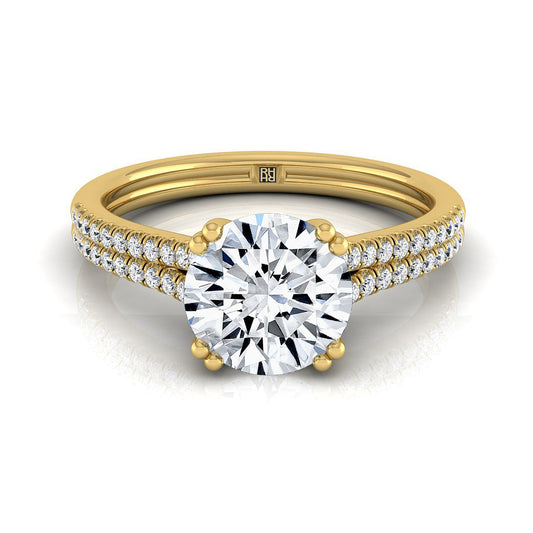 18K Yellow Gold Round Brilliant Diamond Double Row Double Prong French Pave Engagement Ring -1/6ctw