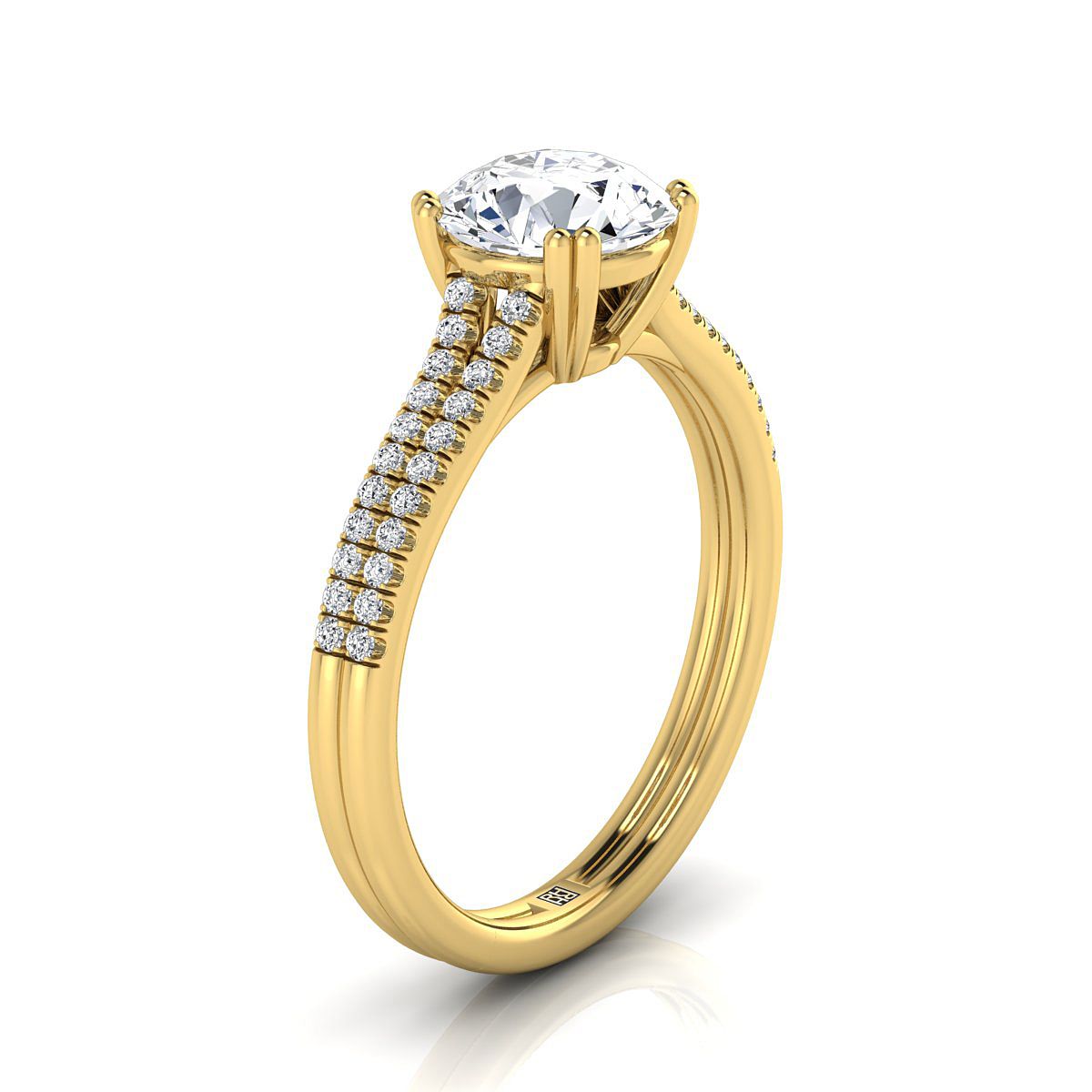 18K สีเหลืองทอง Round Brilliant Diamond สองแถว Double Prong French Pave แหวนหมั้น -1/6ctw