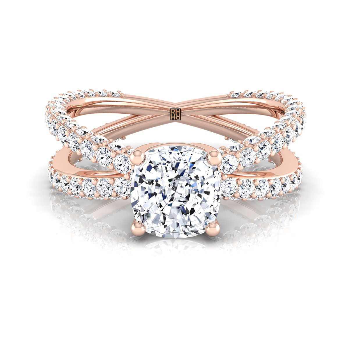 แหวนหมั้นเพชร 14K Rose Gold Cushion Open Diamond Pave Criss Cross -1-1/3ctw