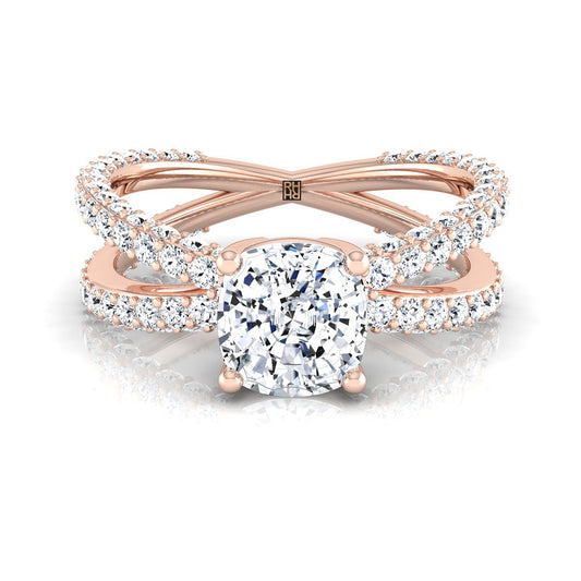 แหวนหมั้นเพชร 14K Rose Gold Cushion Open Diamond Pave Criss Cross -1-1/3ctw