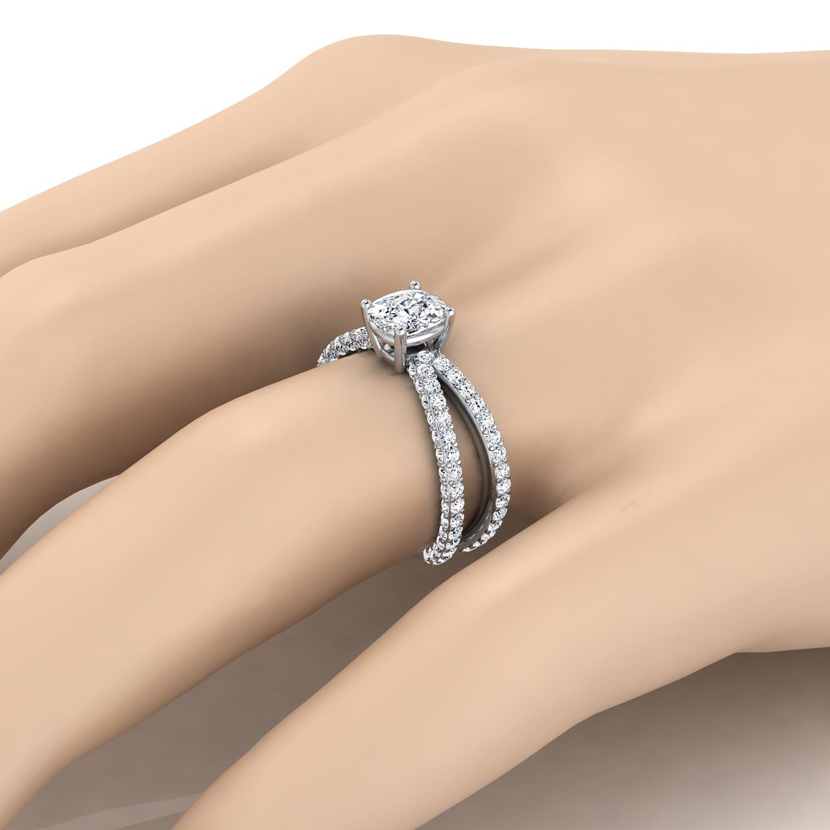 แหวนหมั้นเพชร 14K White Gold Cushion Open Diamond Pave Criss Cross -1-1/3ctw