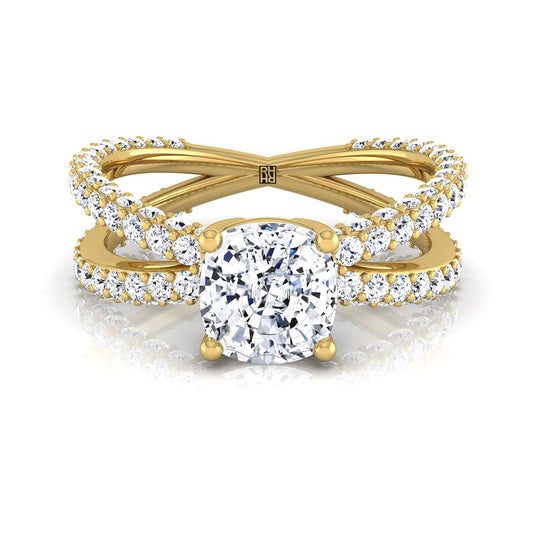 แหวนหมั้นเพชร 14K Yellow Gold Cushion Open Diamond Pave Criss Cross -1-1/3ctw