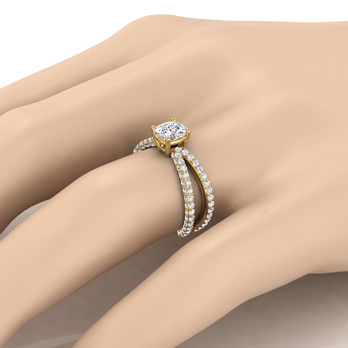 แหวนหมั้นเพชร 14K Yellow Gold Cushion Open Diamond Pave Criss Cross -1-1/3ctw